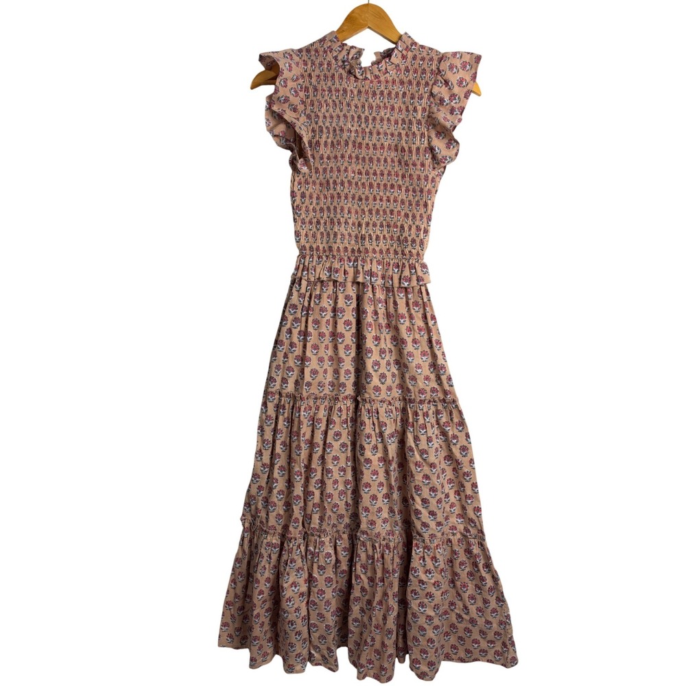 Perry Walker Floral Cotton Smocked Maxi Dress Tan Red Blue prairie cottage boho